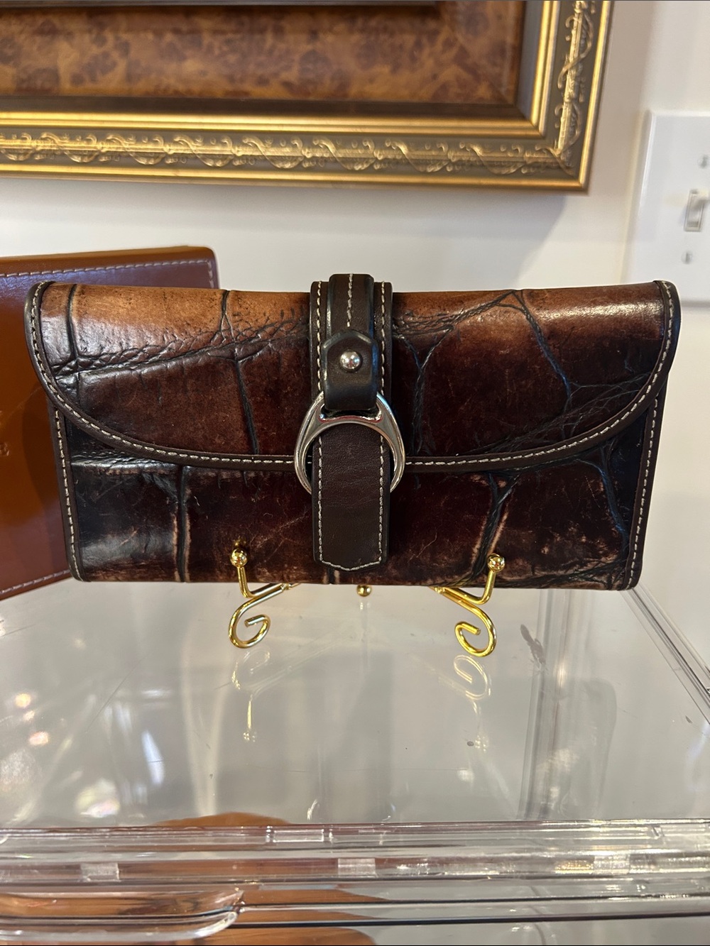 Dooney & Bourke Brown Croc-Embossed Leather Wallet with Silver-Tone Buckle EUC